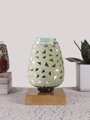 Devansh Mosaic Glass Table Lamp With Wood Square Natural Base For Home Table Lamp(20.82 cm, White, Silver)
