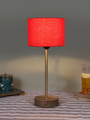 Devansh Drum Red Cotton Shade With Gold And Natural Wood Base Table Lamp(42.5 cm, Red)