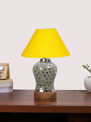 Devansh Conical Yellow Cotton Shade Lamp With Wood & Mosaic Glass Base For Decoration Table Lamp(36.83 cm, Yellow)
