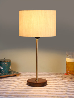 Devansh Drum Off White Cotton Shade With Gold & Brown Wood Base For Decoration Table Lamp(42.545 cm, White)