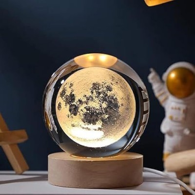 VN Fashion 3D Space Galaxy Planet Crystal Ball Night Light Ball with Wooden Base Night Lamp(5 cm, moon)