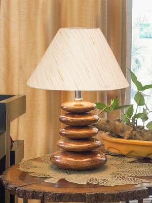 Devansh Off-White Cotton Table Lamp With Wood Pebble Lamp (10X10X15) Inches Table Lamp(38.1 cm, White, Beige)