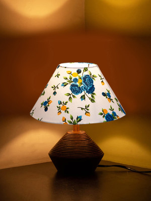 Devansh Multicolor Cotton Table Lamp With Wood Natural Base (10X12 Inches) Table Lamp(30.48 cm, White, Blue)