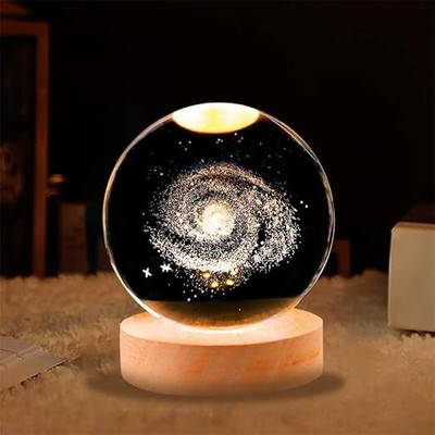 HOMETUFF 3D Astronaut Climbing Moon Crystal Ball Night Light with Wooden Base Night Lamp(6 cm, Yellow)