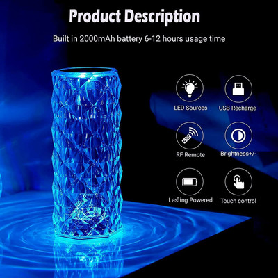 Online Expert Crystal Diamond Touch Table Lamp 16 Color Changing, USB Rechargeable Night Light Table Lamp(20 cm, White)