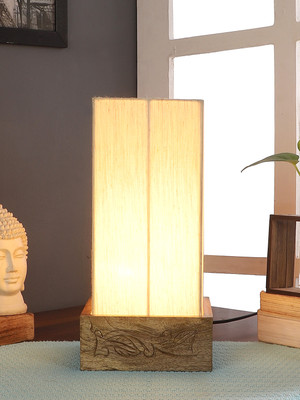 Devansh Cotton Table Lamp With Carving Wood Natural Base For Bedroom, Living Room Table Lamp(29.9 cm, Off White)