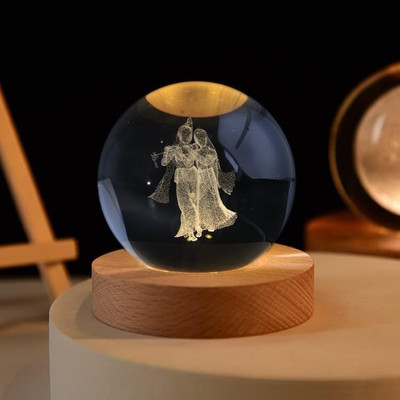 Divine Creations 3D Crystal Radha Krishna Lamp with Wooden LED Base - Perfect for your Home Night Lamp(8 cm, Radha Krishna)