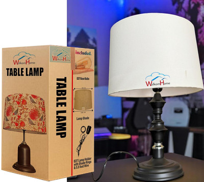 WolkomHome Table Lamp with E27 Base, 5.5 Ft Wire & Cotton WhiteShade Table Lamp(38 cm, Black Metal Base 2 layers)