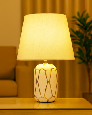 Homesake Retro Ceramic Bedside Table Lamp with Fabric Shade, White Gold Hive, Khadi Table Lamp(34.2 cm, White)