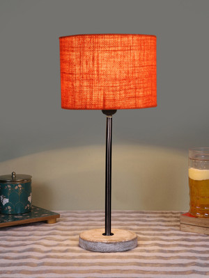 Devansh Drum Jute Shade With Black Iron & White Brushed Wood Base For Decoration Table Lamp(42.545 cm, Orange)