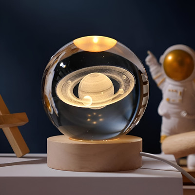 MaziQmart 3D Saturn Crystal Ball Night Lamp – USB-Powered LED Table Decor Light Night Lamp(6 cm, Wooden)