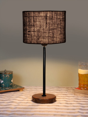 Devansh Drum Black Jute Shade With Black Iron & Brown Wood Base For Decoration Table Lamp(42.545 cm, Black)