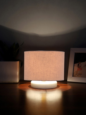 Devansh Grey Cotton Table Lamp With White Wood Base Table Lamp(17.78 cm, Grey)