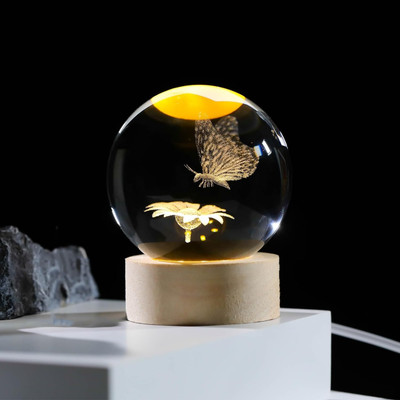 Bluwings 3D Sunflower with Butterfly Ball Night Light Ball Night Lamp with Wood Base Table Lamp(6 cm, Yellow)