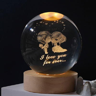 SHOPOGENIX 3D Lovers Crystal Ball Night Light,2.4 inch Glass Ball with Led Wood Base Lamp Night Lamp(7 cm, Lovers)