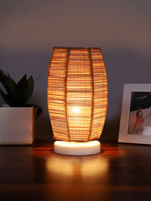 Devansh Dholak Bamboo Table Lamp With White Wood Base Table Lamp(31.75 cm, Beige)