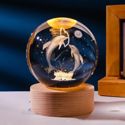 Wengonvila 3D Crystal Ball Dolphin Luminous Lamp with Wooden Base Night Lamp(3 cm, Multicolor)