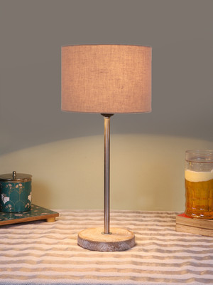 Devansh Drum Grey Cotton Shade With Steel And White Brushed Wood Base Table Lamp(42.5 cm, Grey)