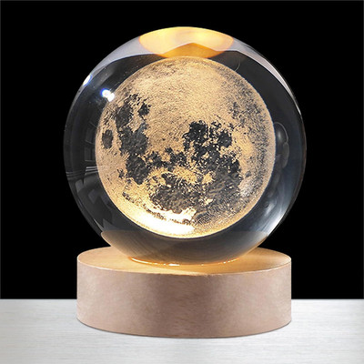 ENTRYZONE 3D Galaxy Crystal Ball USB Table LED Wooden Base Crystal Ball Night Lamp(7 cm, Moon lamp)
