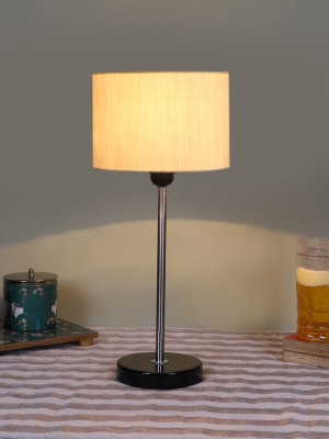 Devansh Drum White Cotton Shade With Steel And Black Wood Base Table Lamp(42.5 cm, White)
