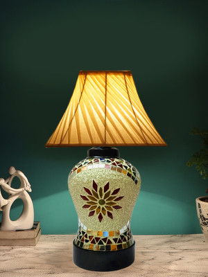 Devansh Off White Cross Pleated Cotton Shade Lamp With Wood & Mosaic Glass Base Table Lamp(40.64 cm, Off White)
