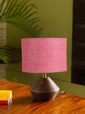 Devansh Pink Jute Table Lamp With Wood Natural Base (7X12 Inches) Table Lamp(30.48 cm, Pink)