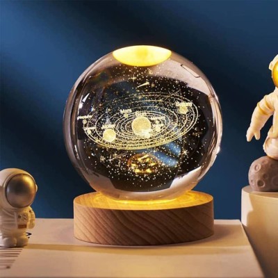 Ramezo 3D Space Galaxy Planet Crystal Ball Night Light Ball with Wooden Base Night Lamp Night Lamp(8 cm, Galaxy Planet)