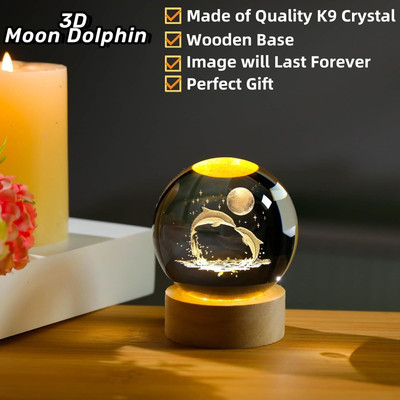 SHOPOGENIX 3D Dolphin 60mm Crystal Ball Night Light With LED Wooden Base Birthday Gifts Night Lamp(7 cm, Yellow)