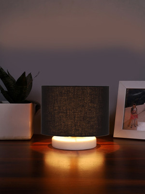 Devansh Black Cotton Table Lamp With White Wood Base Table Lamp(17.78 cm, Black)