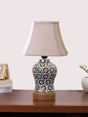 Devansh Off-White Cotton Rectangular Shade Lamp With Wood & Mosaic Glass Base For Home Table Lamp(38.1 cm, White, Beige)