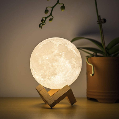 mrquee Jiya 3D USB Rechargeable Moon Lamp Real with Wooden Stand Night Lamp Night Lamp(15 cm, Yellow)