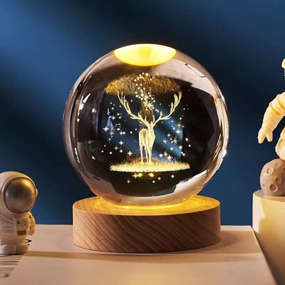 Tiree Deer Crystal Ball Night Lamp – Creative USB LED Design for Elegant Home Decor Night Lamp(7 cm, Deer)