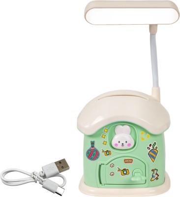 WISHKEY Rabbit Theme 3-in-1 LED Study Desk Lamp with Pen Holder and Piggy Bank with Key Study Lamp(12 cm, Green)