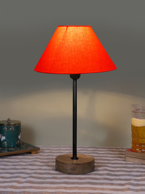 Devansh Conical Cotton Shade Lamp With Black Iron & Natural Wood Base For Decoration Table Lamp(41.91 cm, Orange)