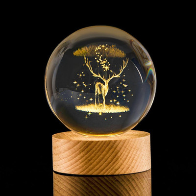 SHOPOGENIX 3D Deer Crystal Ball Night Lamp Warm Light - Compact USB Wall Charger Night Lamp(8 cm, Yellow)