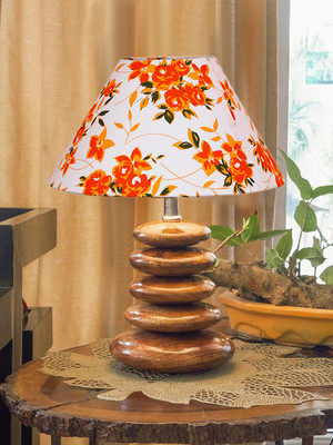 Devansh Printed Cotton Table Lamp With Wood Pebble Lamp (10X10X15) Inches Table Lamp(38.1 cm, White, Orange)
