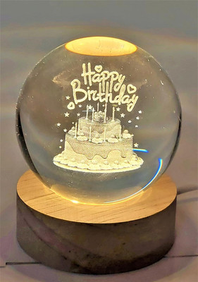 zyriex 3D Crystal Happy Birthday Lamp Engraved Crystal Ball LED Night Light Night Lamp(6 cm, Gold)