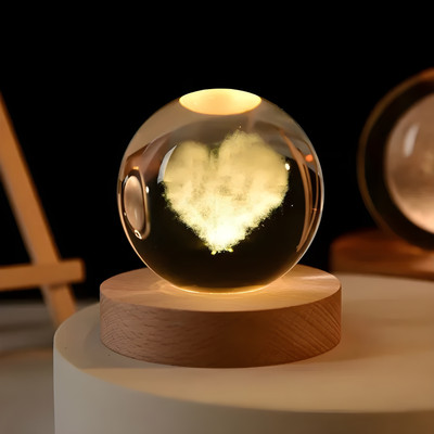 SHOPOGENIX 3D Crystal Ball Lamp | Night Light with Wooden Base | Heart Style-L238 Table Lamp(8 cm, Multicolor)