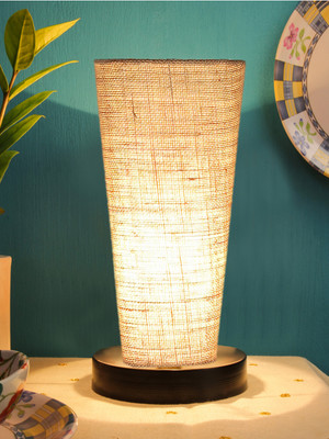 Devansh Beige Jute Lamp With Black Round Round Wood Base Table Lamp(11 cm, Beige)