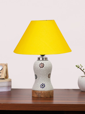Devansh Conical Yellow Cotton Shade Lamp With Wood & Mosaic Glass Base For Decoration Table Lamp(36.83 cm, Yellow)