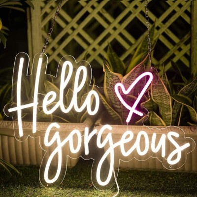 VYNES HELLO GORGEOUS LED Neon Signs Light LED Art Decorative Sign - Wall Decor Night Lamp(12 cm, White, Pink)