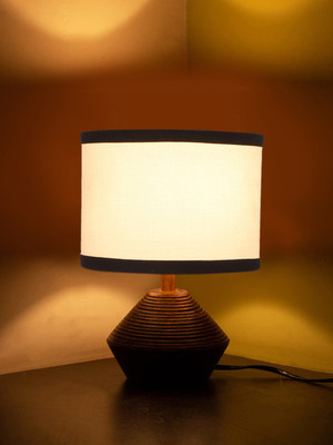 Devansh Multicolor Cotton Table Lamp With Wood Natural Base (7X12 Inches) Table Lamp(30.48 cm, White, Black)
