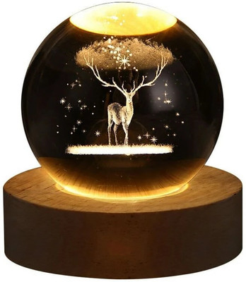 Aryamurti 3D Deer Crystal Ball Night Light Ball with Wooden Base. Night Lamp(8 cm, Multicolor)