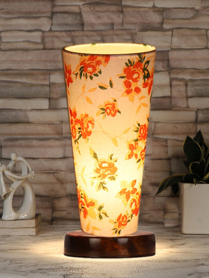 Devansh Multicolor Cotton Lamp With Brown Round Wood Base Table Lamp(11 cm, White, Orange)