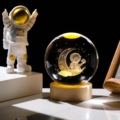 Luxula 3D Astronaut Shape Crystal Light Night Glass Ball Night Lamp Wood Base Night Lamp(6 cm, Yellow)