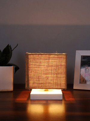 Devansh Square Beige Jute Table Lamp With White Wood Base Table Lamp(18.28 cm, Beige)