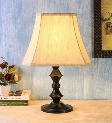 Devansh Off White Taj Cotton Table Lamp With Iron Black Base For Bedroom, Table Desk Table Lamp(42.4 cm, Off White)