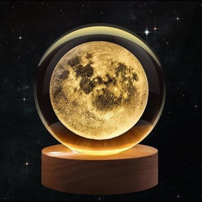 VN Fashion 3D Space Galaxy Planet Crystal Ball Night Light Ball with Wooden Base Night Lamp(5 cm, moon)