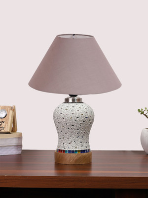 Devansh Conical Grey Cotton Shade Lamp With Wood & Mosaic Glass Base For Decoration Table Lamp(36.83 cm, Grey)