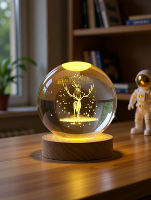 SS Products 3D Crystal Ball Night Lamps Deer Night Lights for Kids Bedroom Wooden Base Night Lamp(8 cm, Deer)